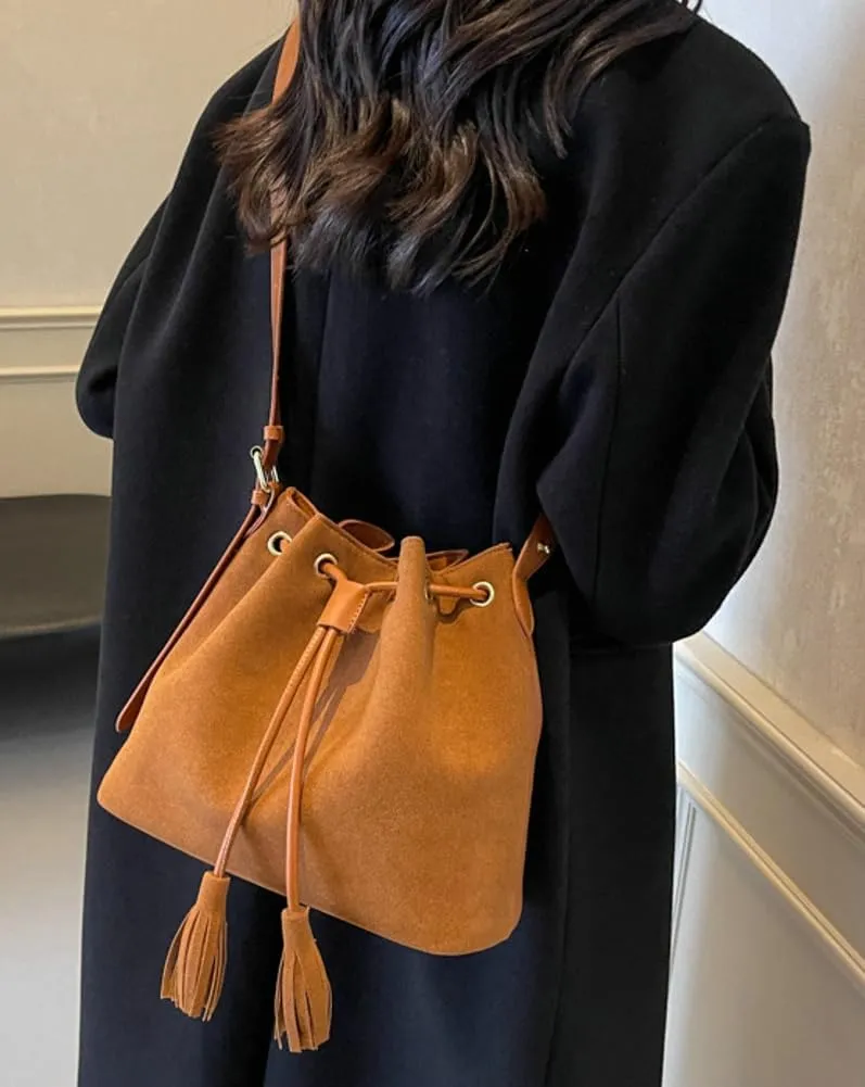 Vegan Leather Retro Bucket Bags Purses Hobo and PU Shoulder Handbags Drawstring with Adjustable Straps 2024