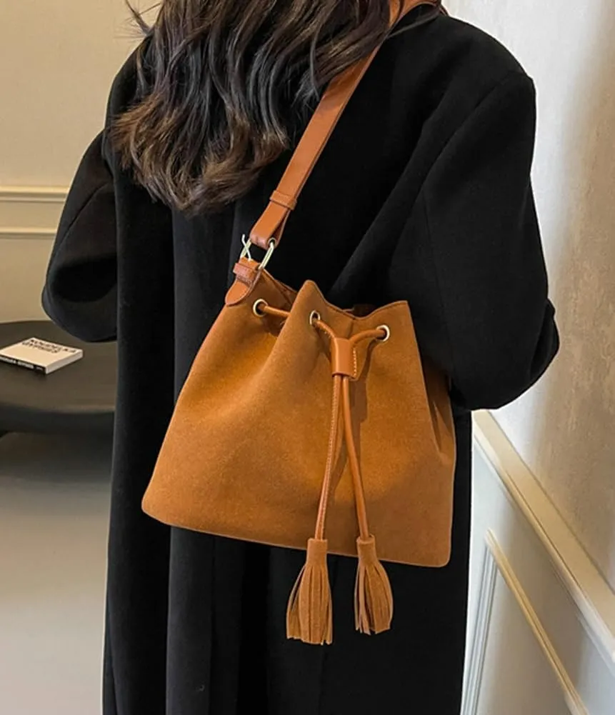 Vegan Leather Retro Bucket Bags Purses Hobo and PU Shoulder Handbags Drawstring with Adjustable Straps 2024