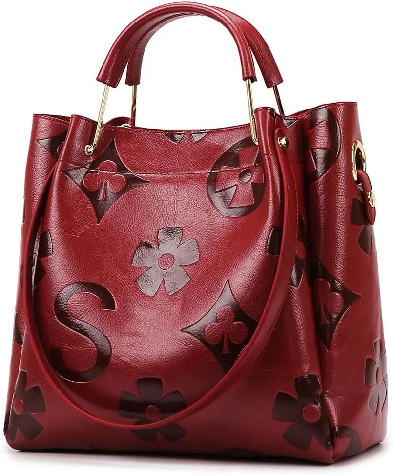 Vegan Leather Tote Bag Embossed Bucket Handbag Trendy Purse for Women Top Handle Work Hobo Bag Shoulder Purse