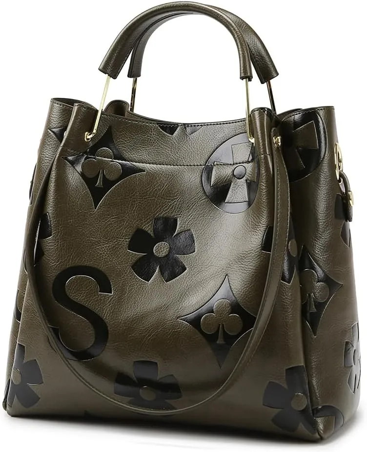 Vegan Leather Tote Bag Embossed Bucket Handbag Trendy Purse for Women Top Handle Work Hobo Bag Shoulder Purse