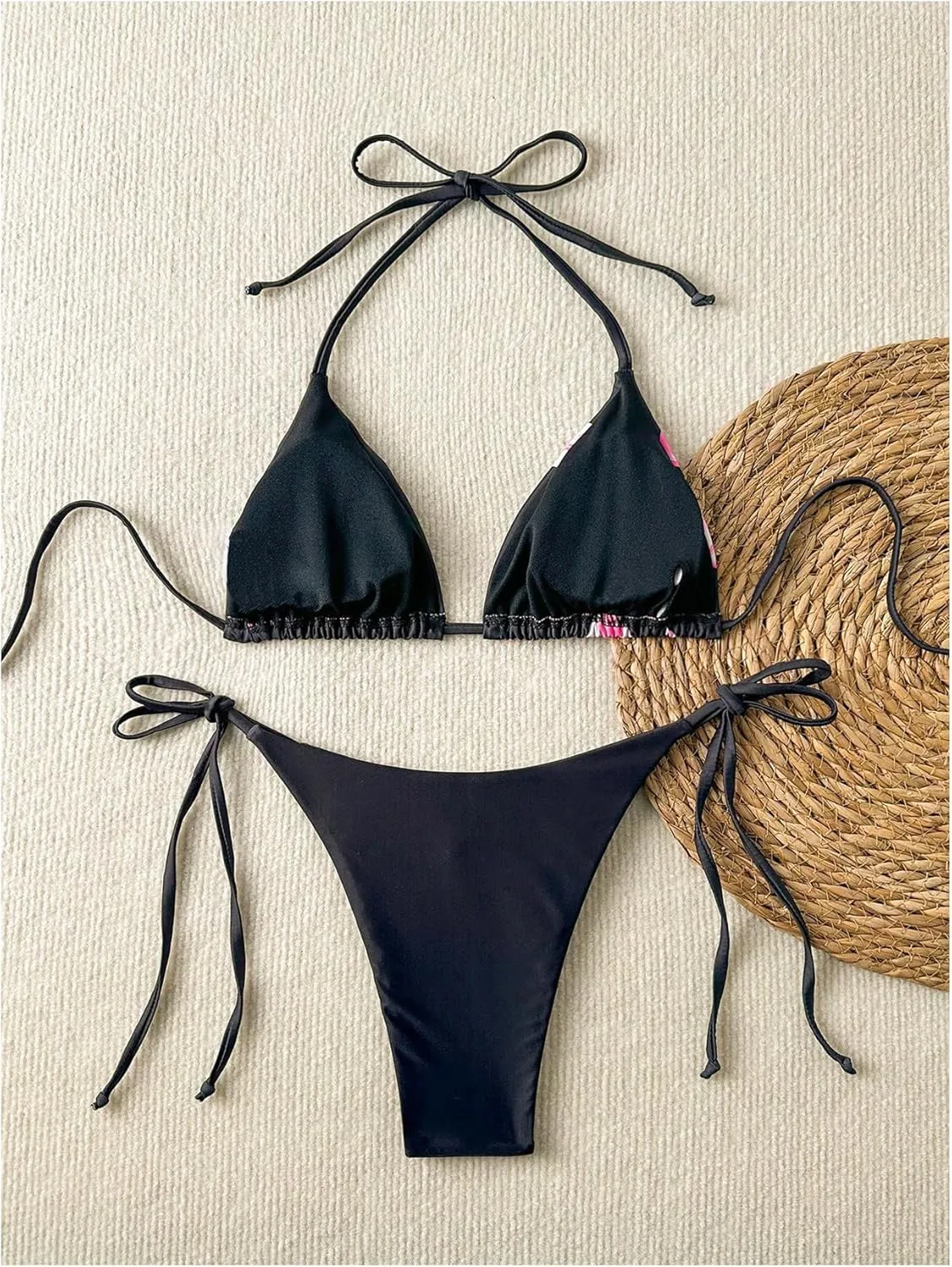 Verdusa Women's 2 Piece Floral Halter Triangle Bikini Sets Backless Self Tied Swimsuit Bathing Suits
