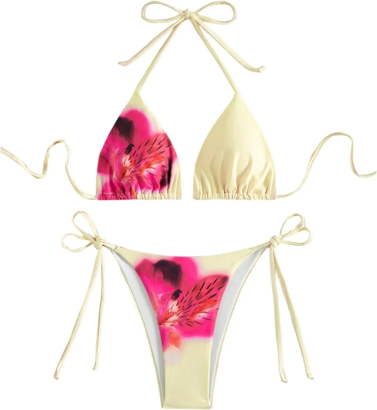 Verdusa Women's 2 Piece Floral Halter Triangle Bikini Sets Backless Self Tied Swimsuit Bathing Suits