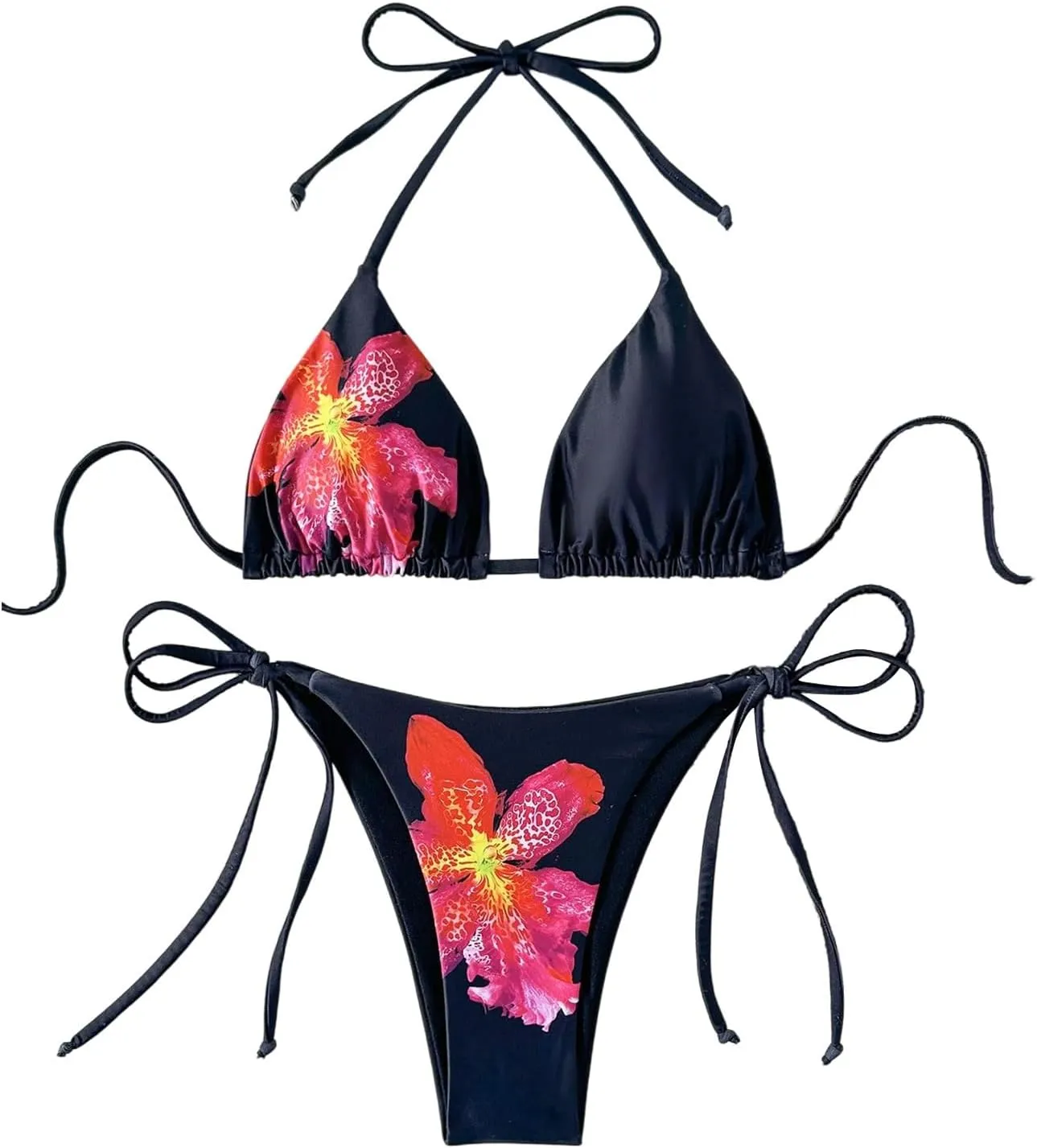 Verdusa Women's 2 Piece Floral Halter Triangle Bikini Sets Backless Self Tied Swimsuit Bathing Suits