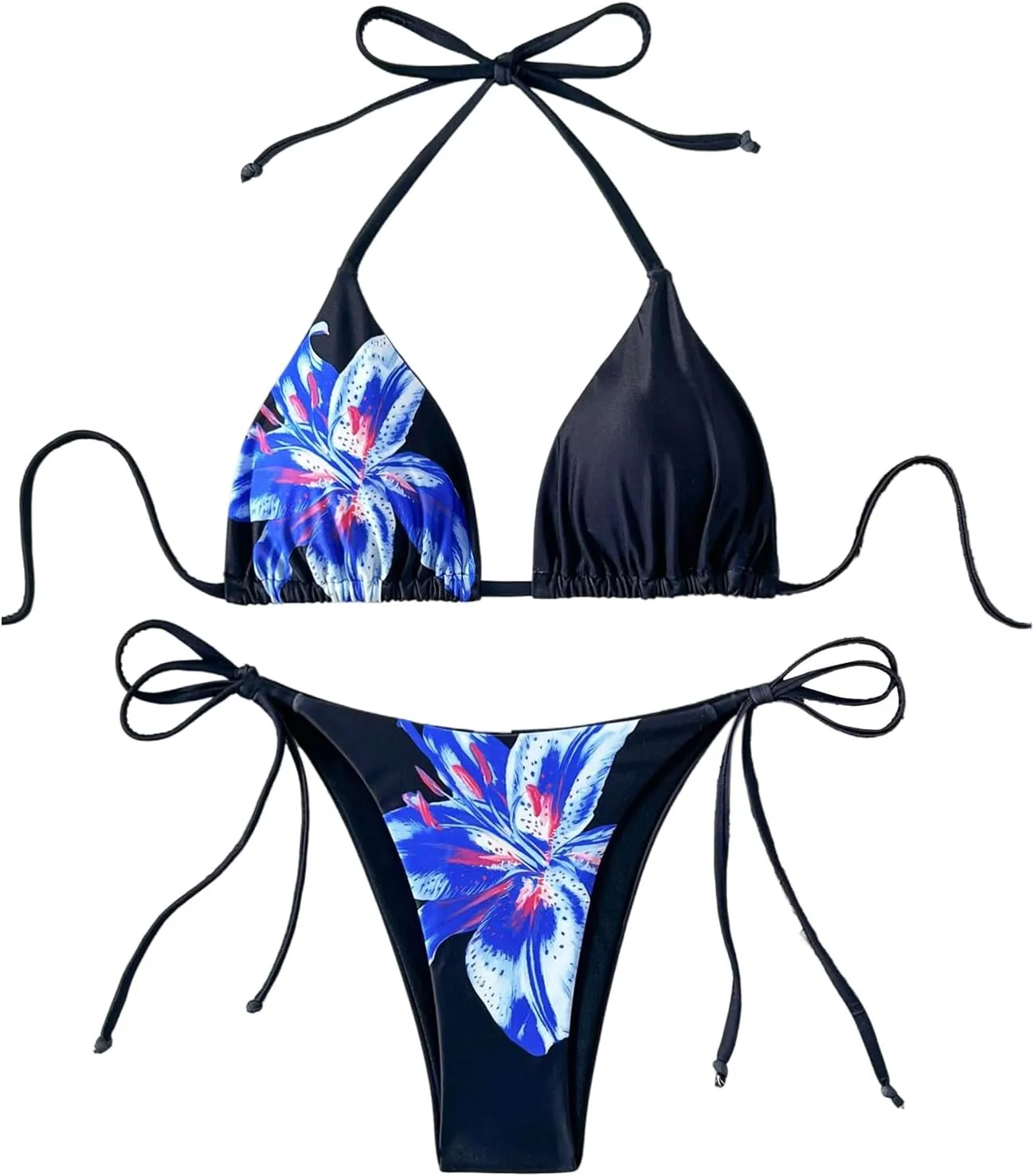 Verdusa Women's 2 Piece Floral Halter Triangle Bikini Sets Backless Self Tied Swimsuit Bathing Suits
