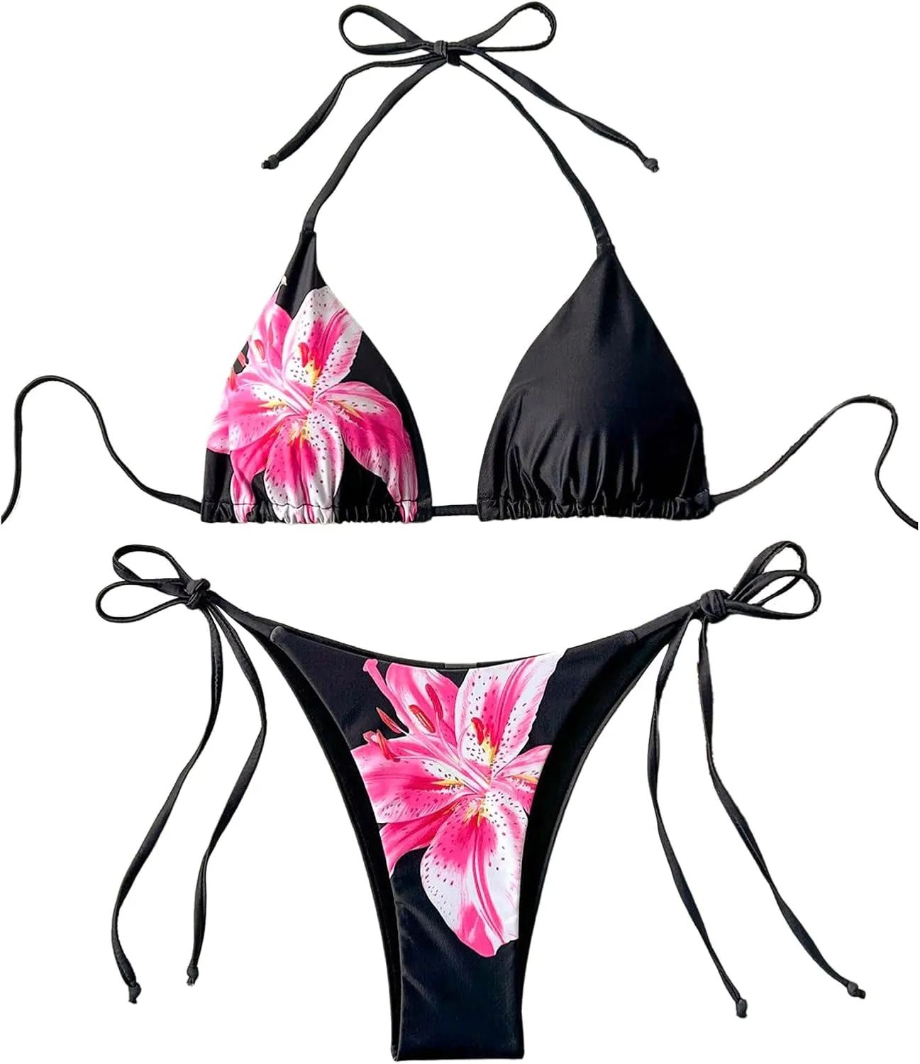 Verdusa Women's 2 Piece Floral Halter Triangle Bikini Sets Backless Self Tied Swimsuit Bathing Suits