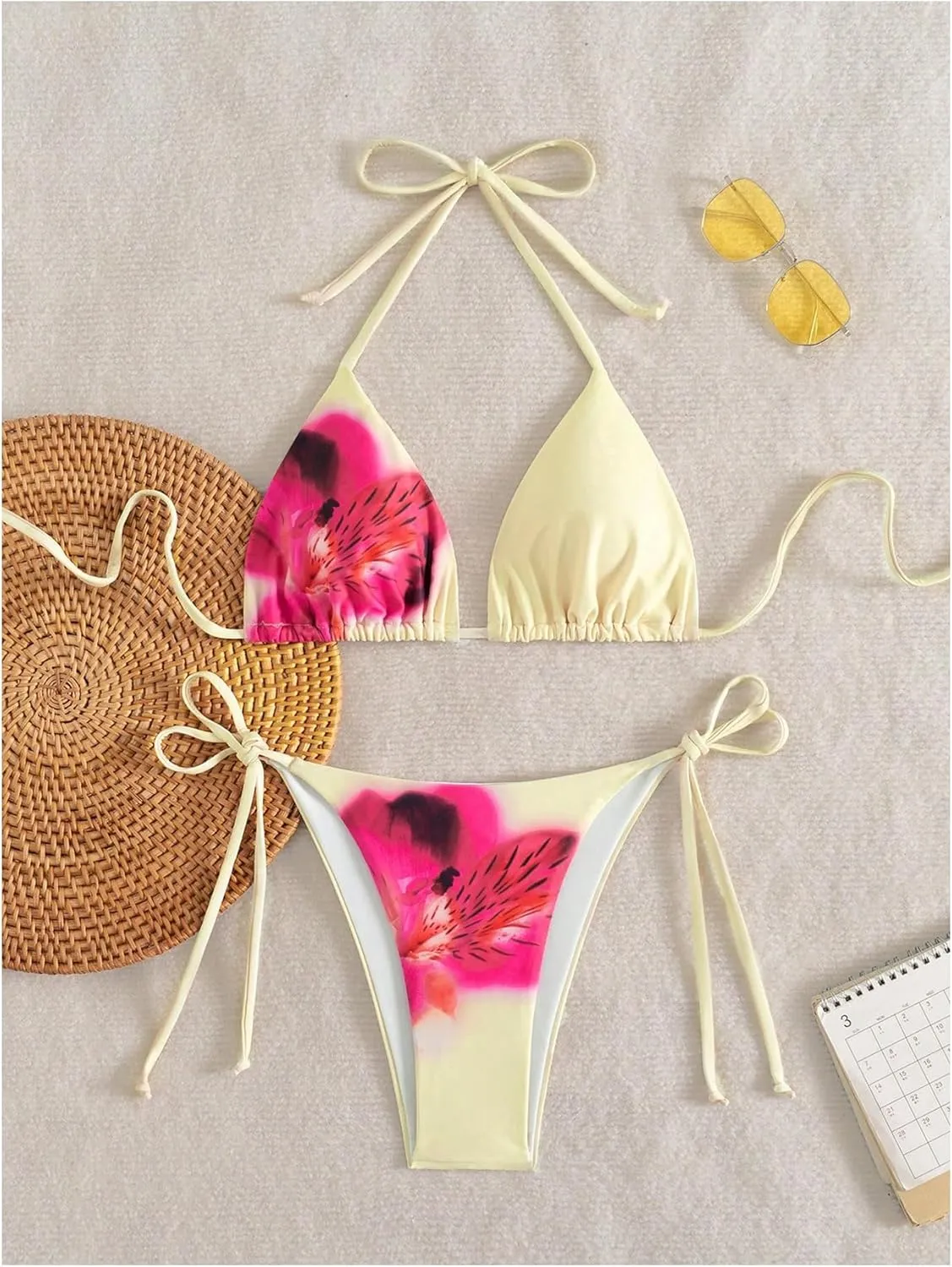 Verdusa Women's 2 Piece Floral Halter Triangle Bikini Sets Backless Self Tied Swimsuit Bathing Suits