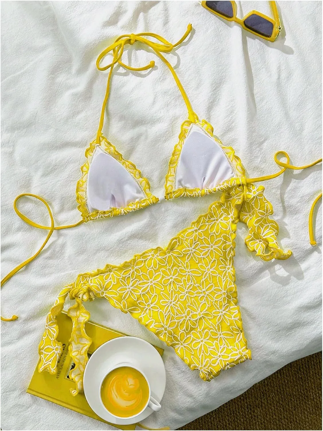 Verdusa Women's 2 Piece Floral Halter Triangle Bikini Sets Ruffle Tie Back Swimsuit Bathing Suits