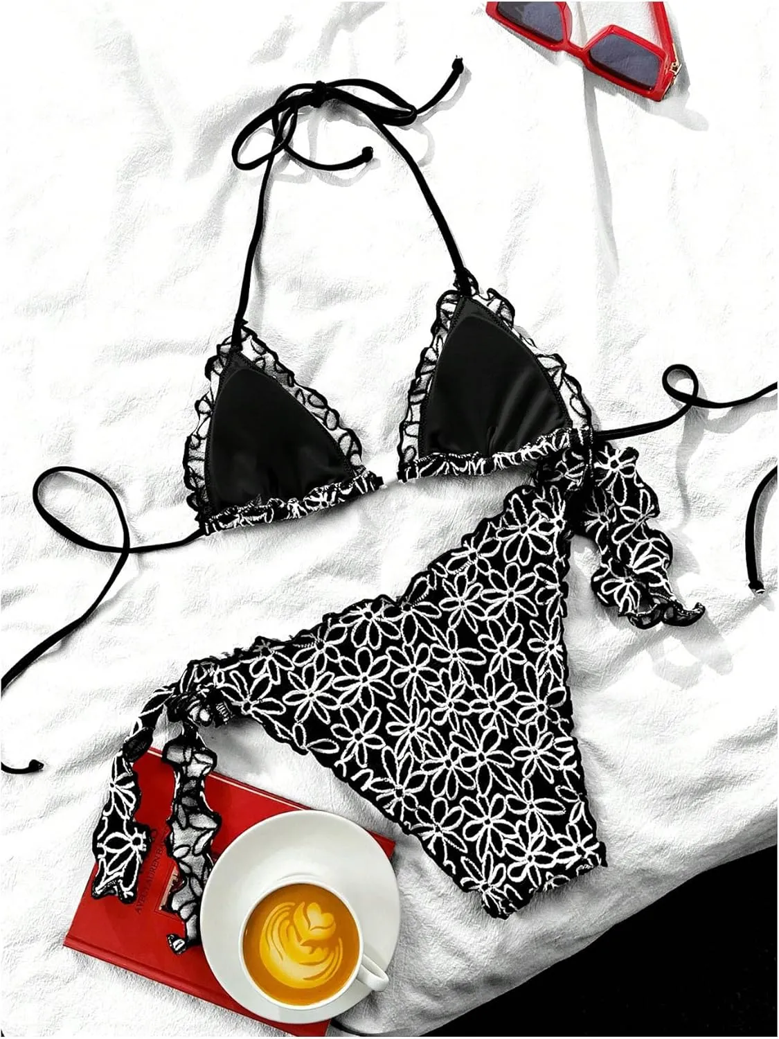 Verdusa Women's 2 Piece Floral Halter Triangle Bikini Sets Ruffle Tie Back Swimsuit Bathing Suits