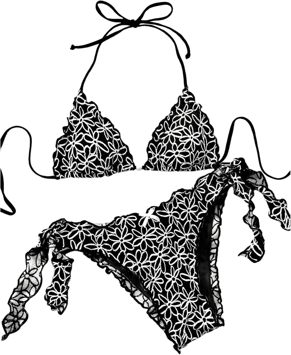 Verdusa Women's 2 Piece Floral Halter Triangle Bikini Sets Ruffle Tie Back Swimsuit Bathing Suits