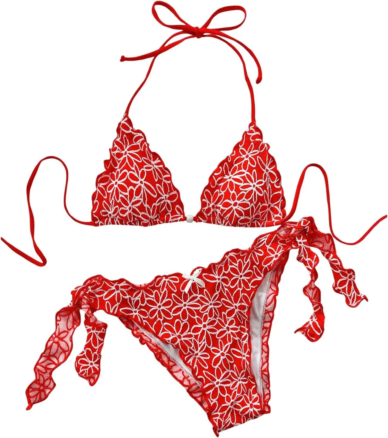 Verdusa Women's 2 Piece Floral Halter Triangle Bikini Sets Ruffle Tie Back Swimsuit Bathing Suits