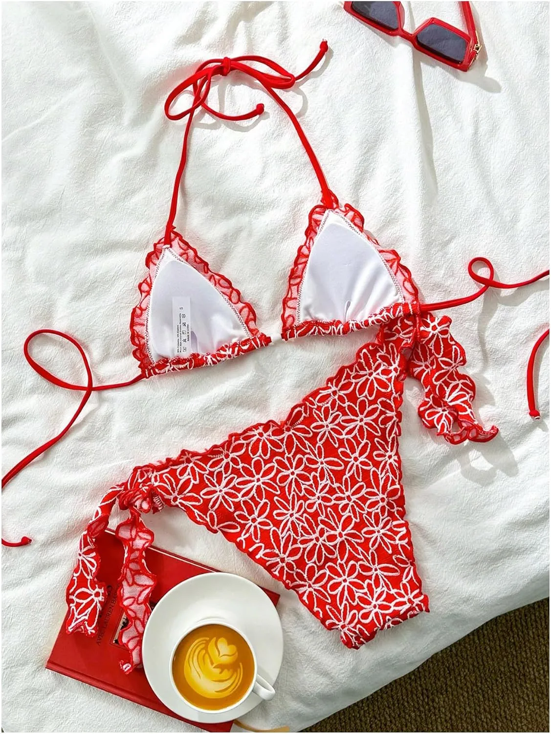 Verdusa Women's 2 Piece Floral Halter Triangle Bikini Sets Ruffle Tie Back Swimsuit Bathing Suits