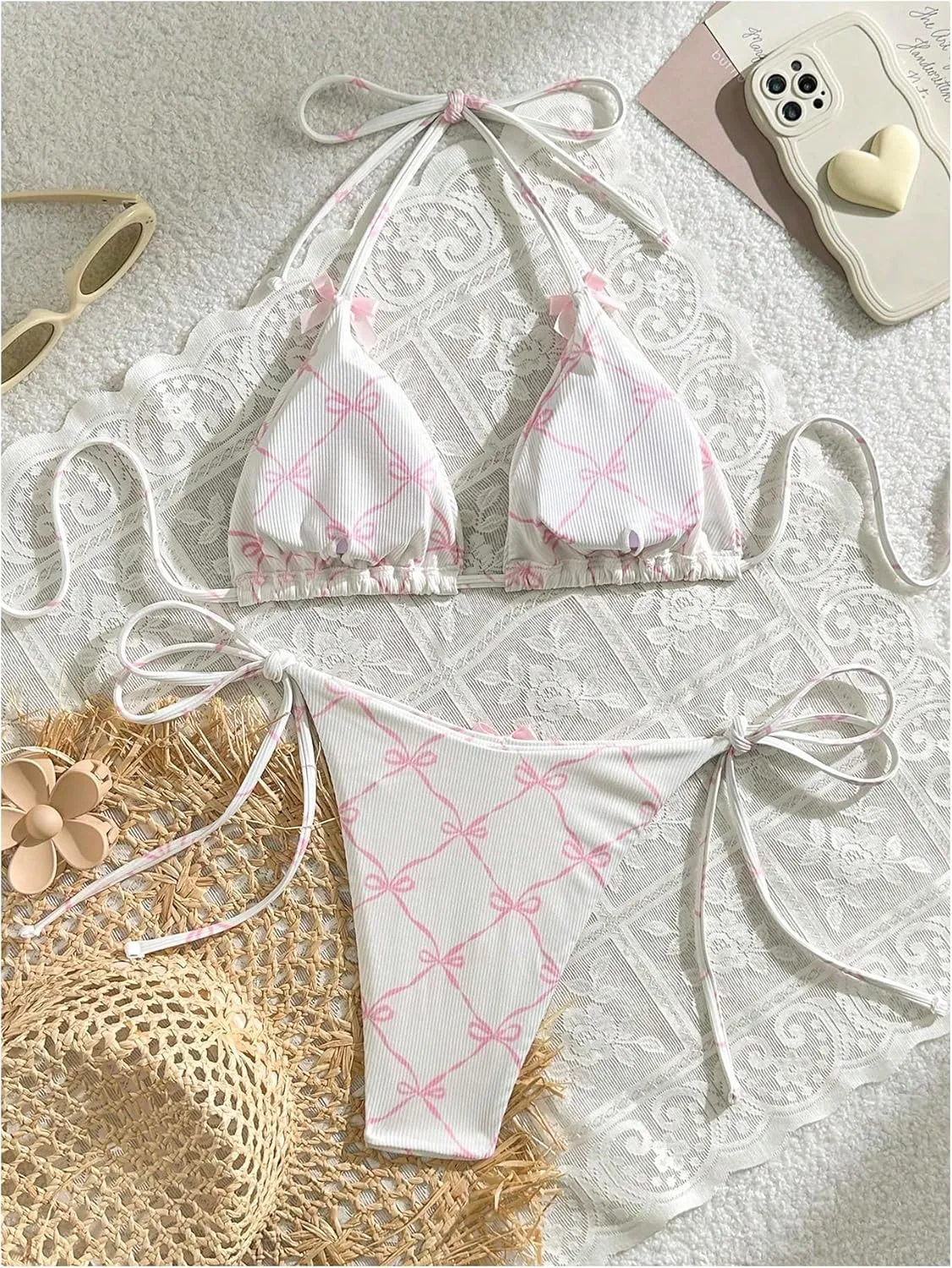Verdusa Women's 2 Piece Halter Triangle Bathing Suit Self Tied Bikini Swimsuits