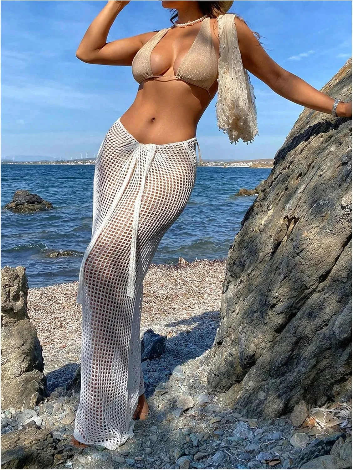 Verdusa Women's Hollow Out Crochet Beach Coverups Tied Front Drop Waist Sheer Maxi Skirts