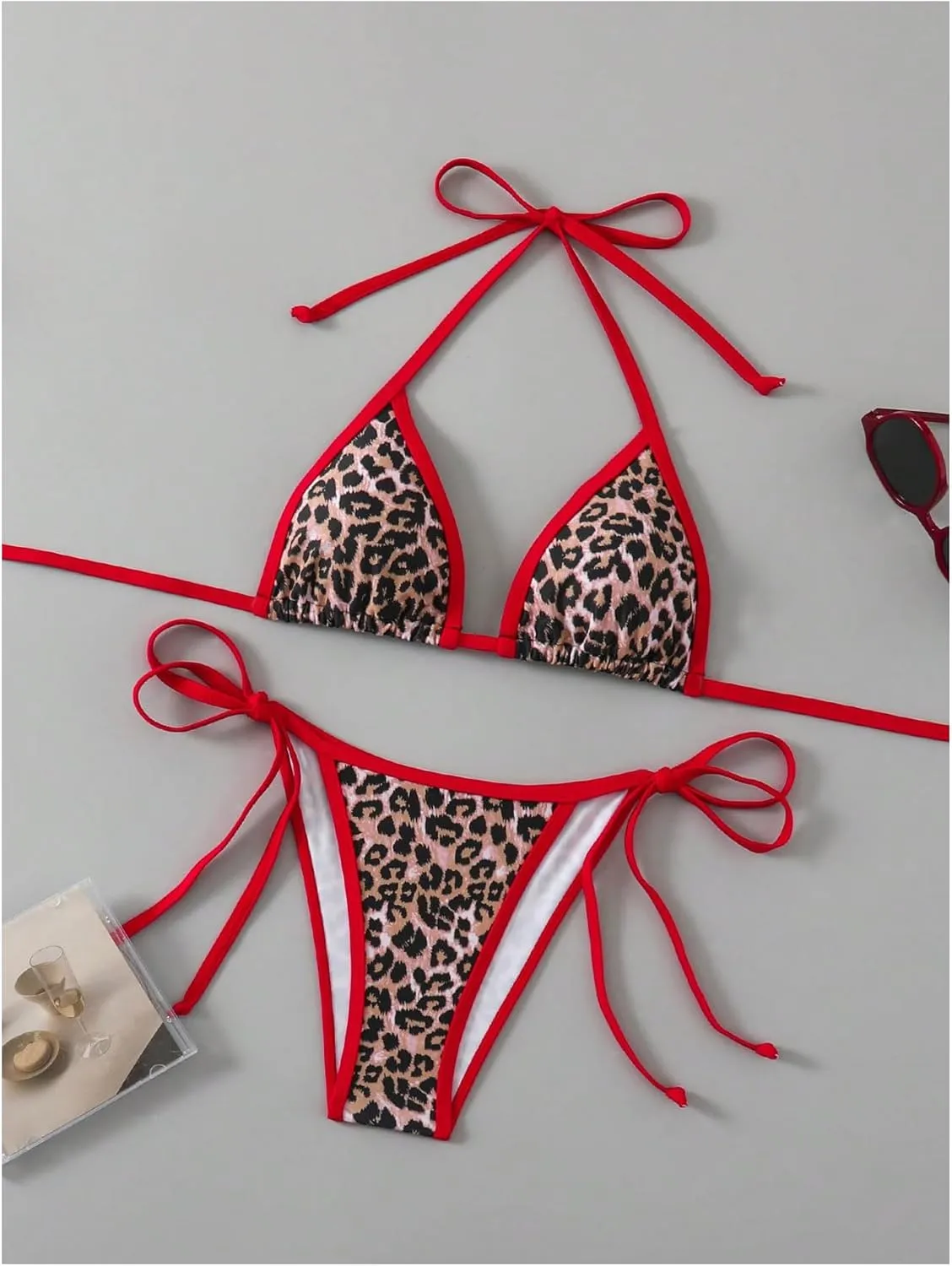 Verdusa Women's Leopard Print Sexy Halter Triangle Bikini Sets Colorblock Tie Side 2 Piece Bathing Suits