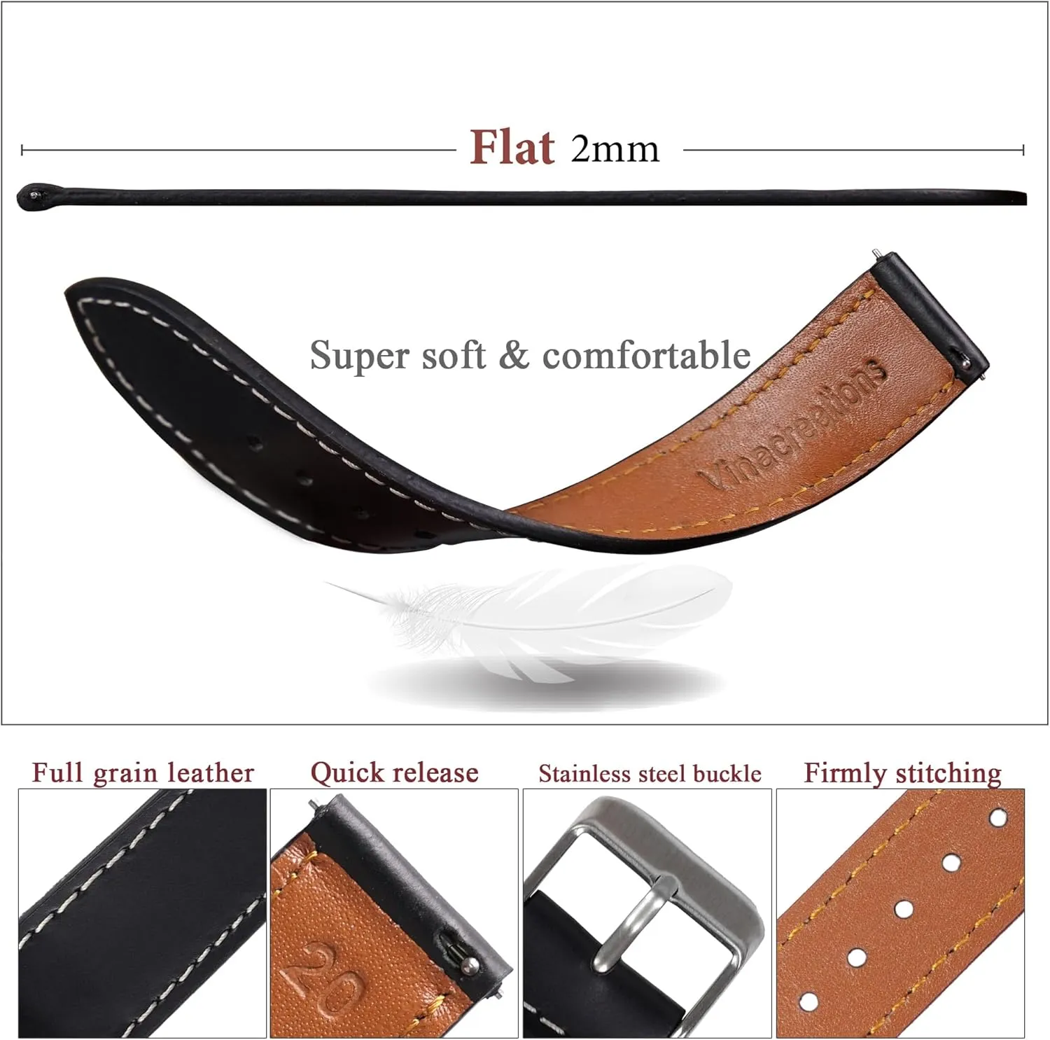 Vintage Flat Leather Watch Band Quick Release Thin Leather Strap For Men Women Handmade Extra Soft Slim Watch Wrist Band Elegant Replacement Strap 18mm 19mm 20mm 21mm 22mm