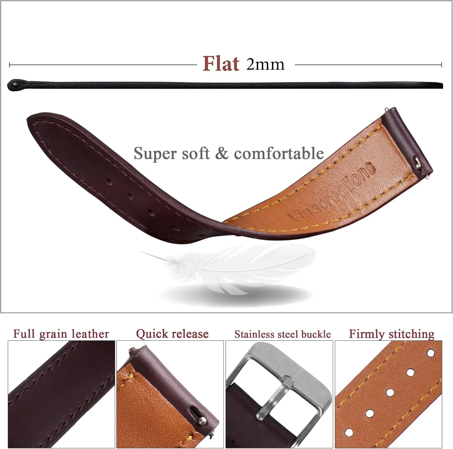 Vintage Flat Leather Watch Band Quick Release Thin Leather Strap For Men Women Handmade Extra Soft Slim Watch Wrist Band Elegant Replacement Strap 18mm 19mm 20mm 21mm 22mm