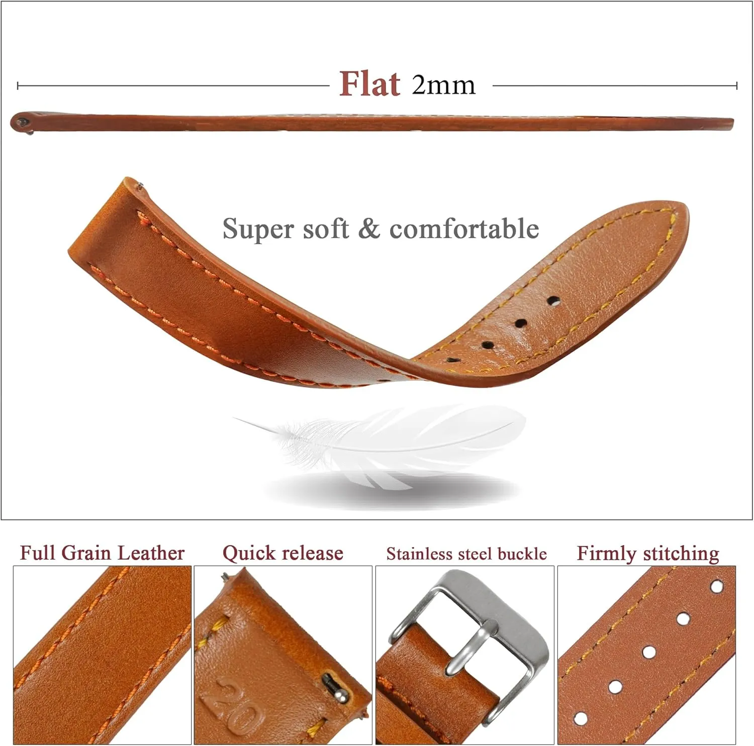 Vintage Flat Leather Watch Band Quick Release Thin Leather Strap For Men Women Handmade Extra Soft Slim Watch Wrist Band Elegant Replacement Strap 18mm 19mm 20mm 21mm 22mm