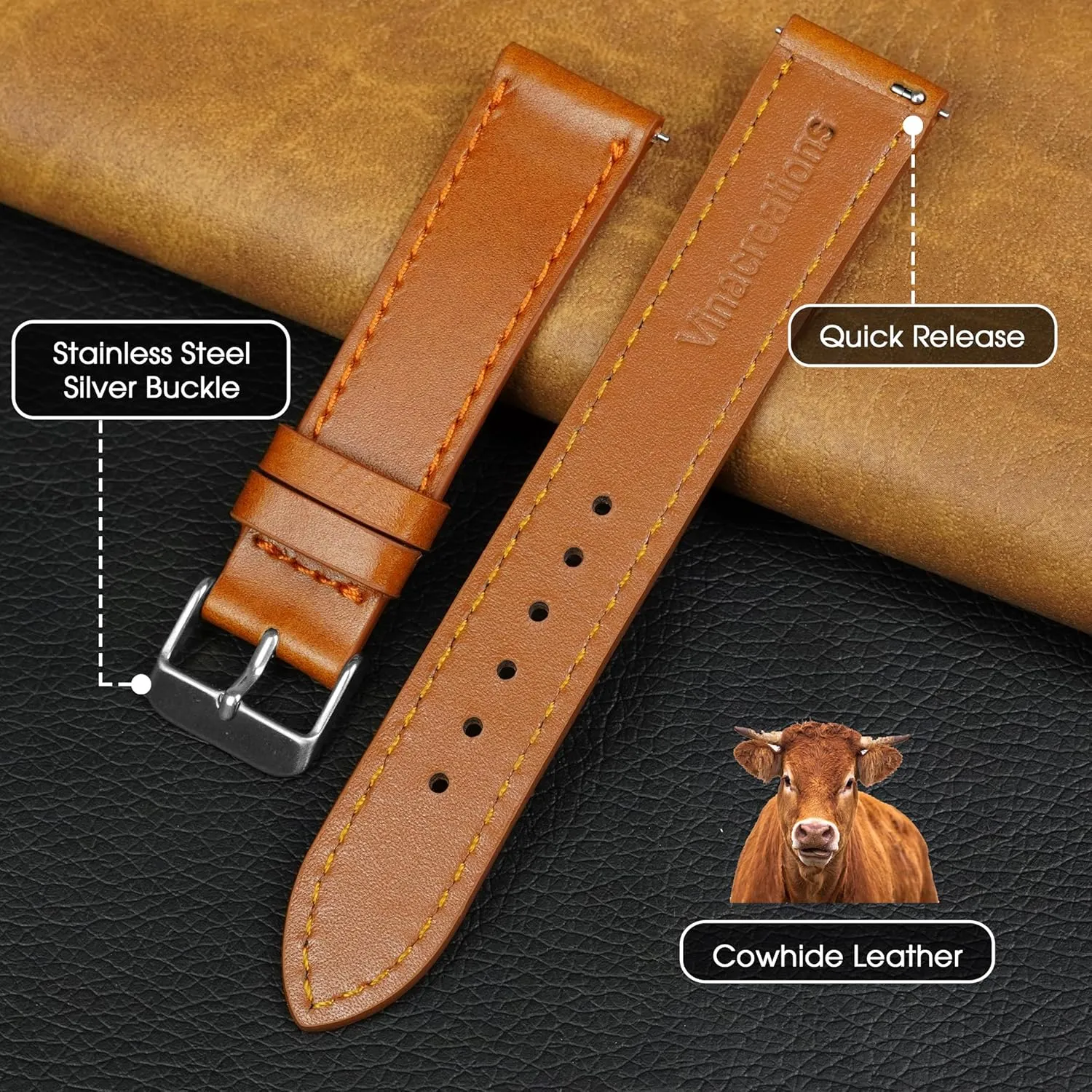 Vintage Flat Leather Watch Band Quick Release Thin Leather Strap For Men Women Handmade Extra Soft Slim Watch Wrist Band Elegant Replacement Strap 18mm 19mm 20mm 21mm 22mm