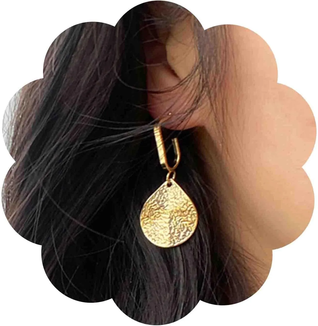 Vintage Hammered Coin Dangle Earrings Gold Oval Disc Drop Earrings Metal Textured Disc Earrings Open Hoop Geometric Earrings Teardrop Disc Coin Earrings Jewelry for Women