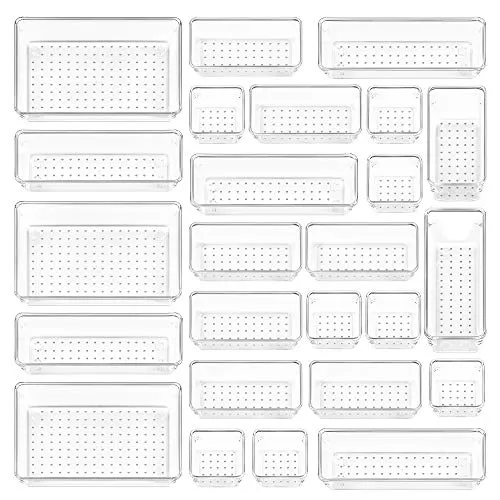 Vtopmart 25 PCS Clear Plastic Drawer Organizers Set, 4-Size Versatile Bathroom and Vanity Drawer Organizer Trays, Storage Bins for Makeup, Bedroom, Kitchen Gadgets Utensils and Office