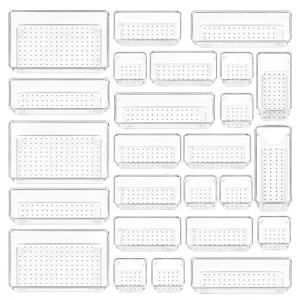 Vtopmart 25 PCS Clear Plastic Drawer Organizers Set, 4-Size Versatile Bathroom and Vanity Drawer Organizer Trays, Storage Bins for Makeup, Bedroom, Kitchen Gadgets Utensils and Office