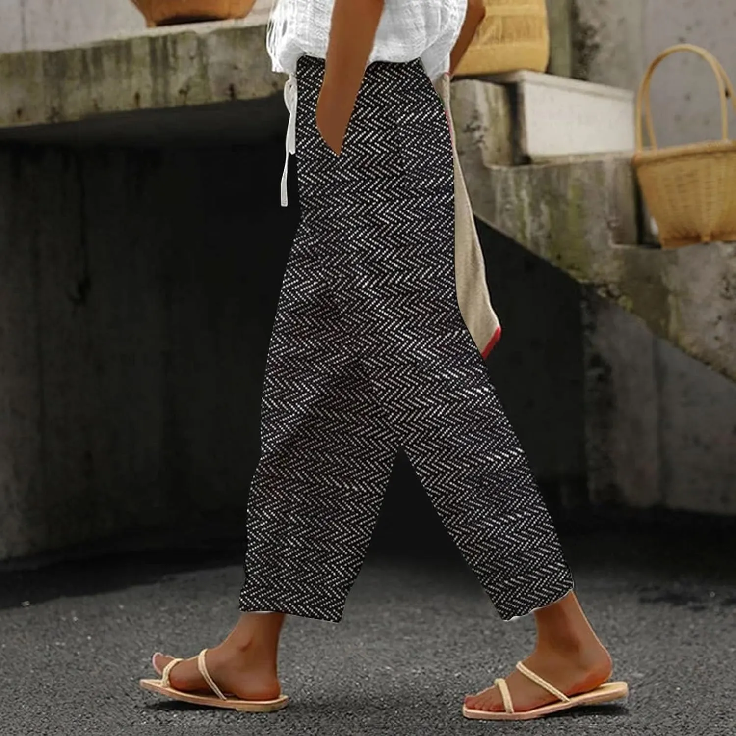 Wide Leg Capri Beach Palazzo Pants Summer Pants for Women,Casual Pants Trendy Pants Baggy Elastic Waist Comfy Trousers