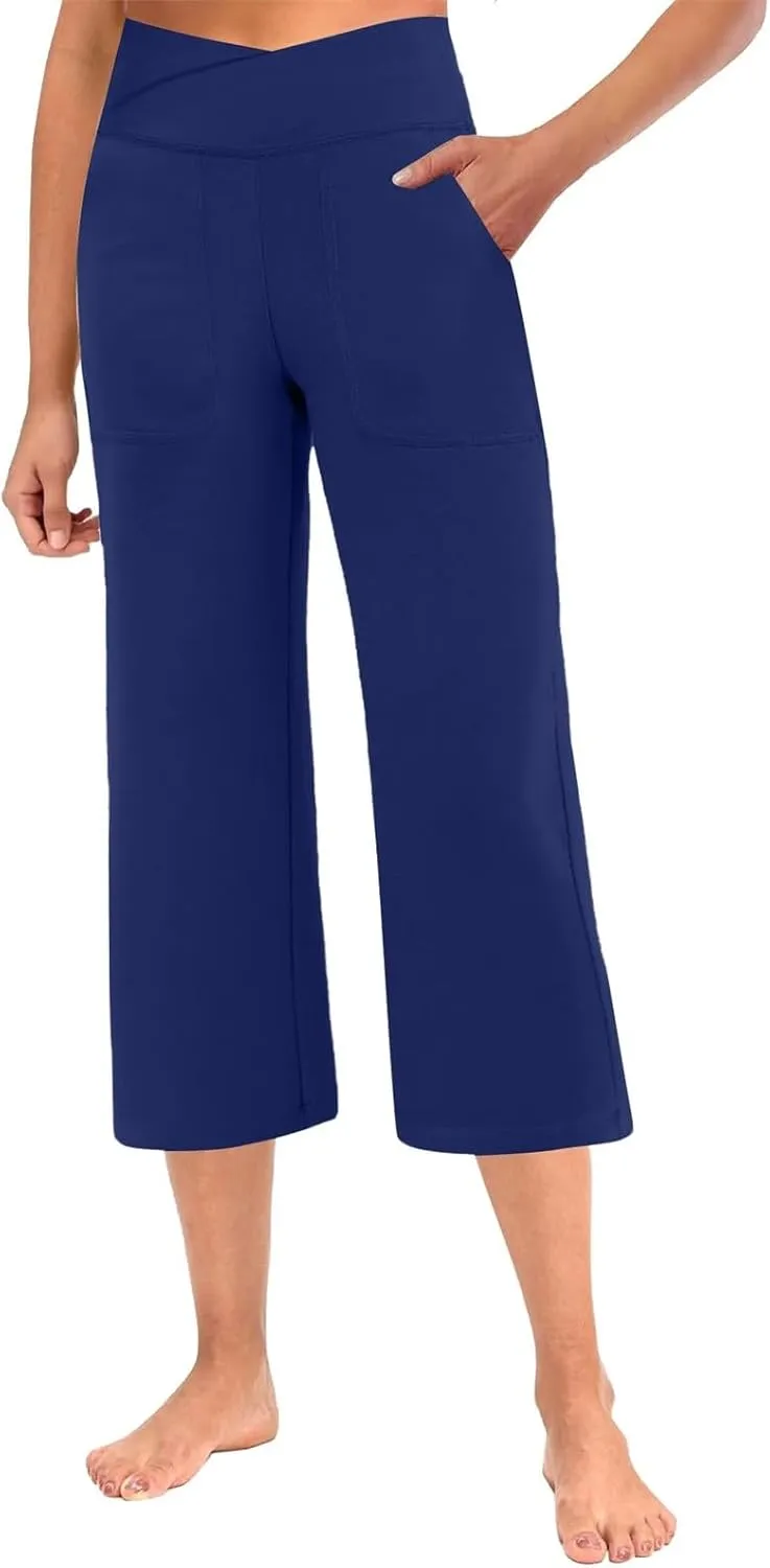Wide Leg Capri Pants for Women Stretch High Waist Yoga Dress Capris Summer Loose Crossover Work Pants with Pockets
