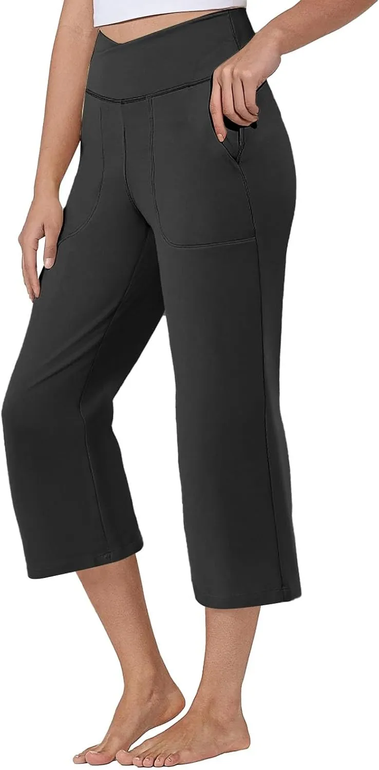 Wide Leg Capri Pants for Women Stretch High Waist Yoga Dress Capris Summer Loose Crossover Work Pants with Pockets
