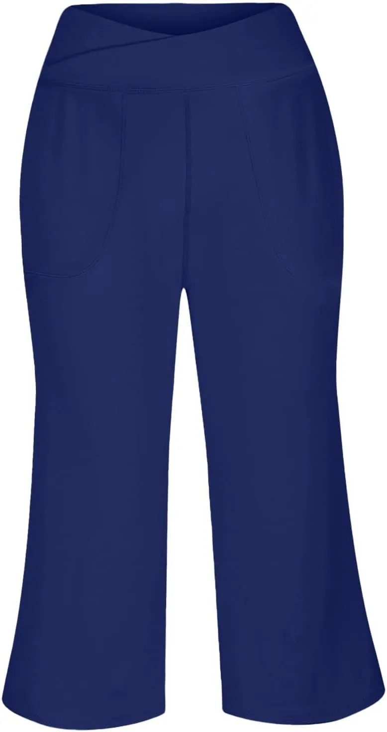 Wide Leg Capri Pants for Women Stretch High Waist Yoga Dress Capris Summer Loose Crossover Work Pants with Pockets