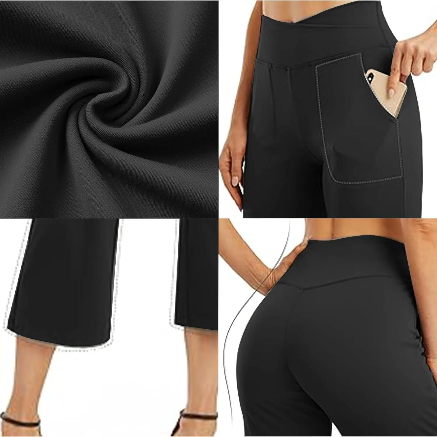 Wide Leg Capri Pants for Women Stretch High Waist Yoga Dress Capris Summer Loose Crossover Work Pants with Pockets