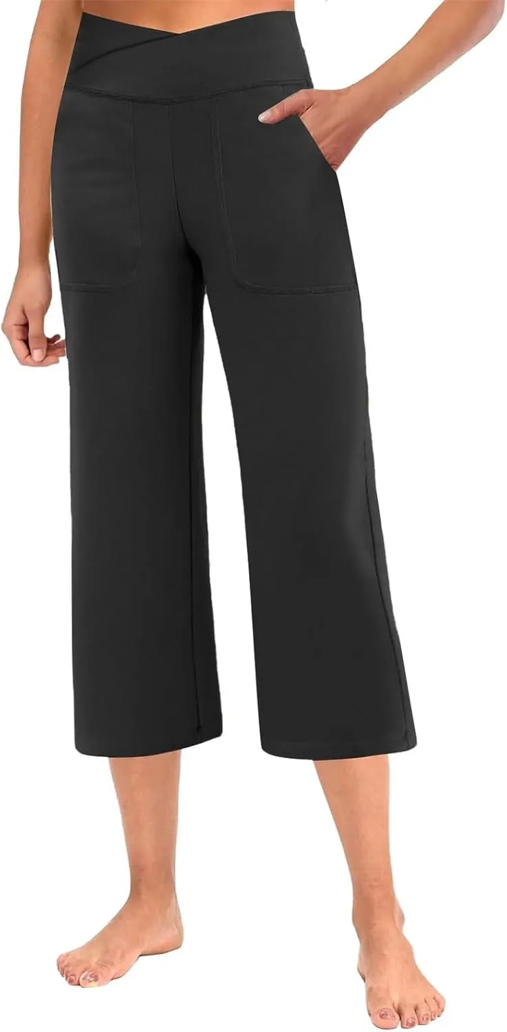 Wide Leg Capri Pants for Women Stretch High Waist Yoga Dress Capris Summer Loose Crossover Work Pants with Pockets