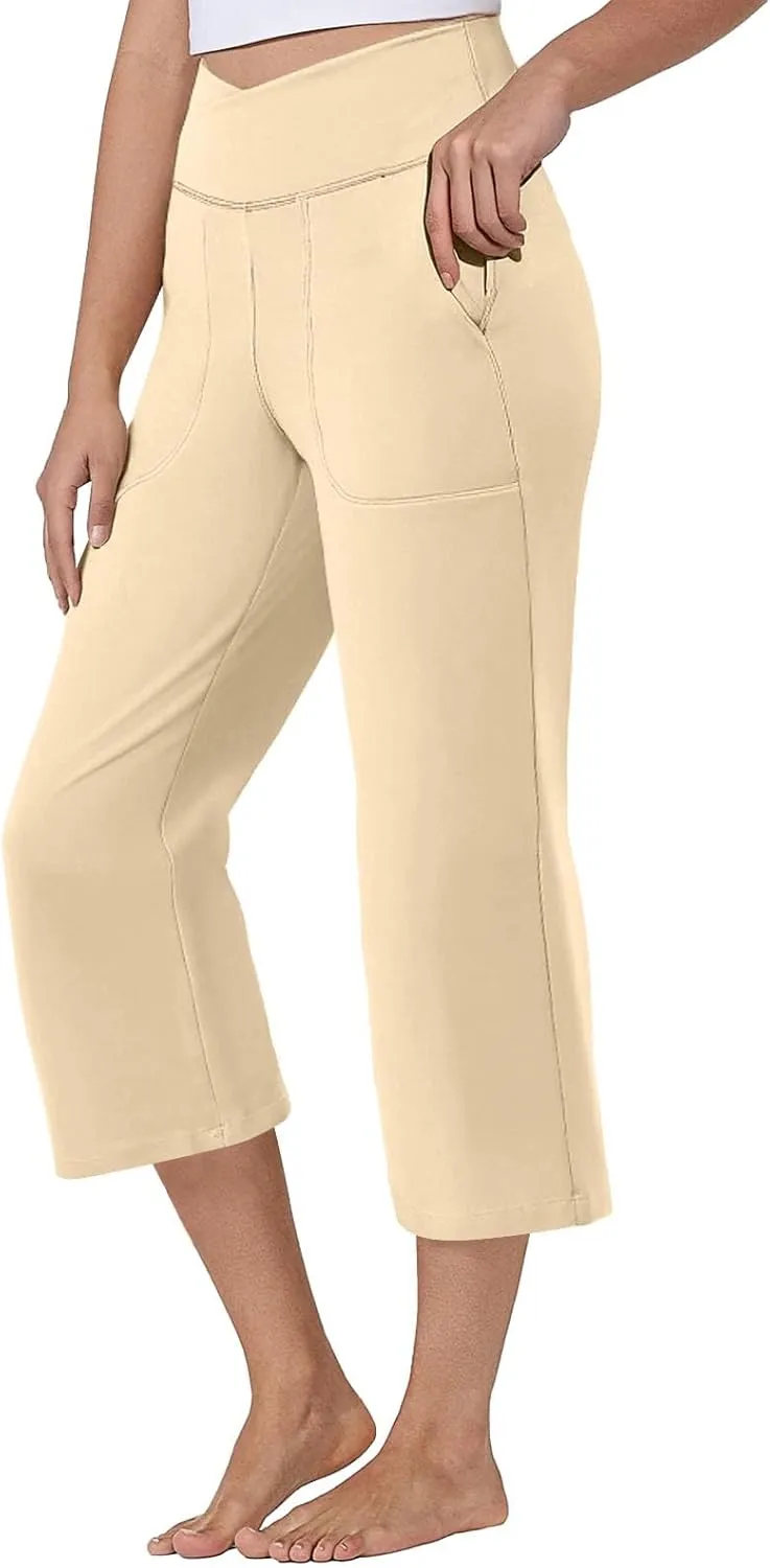 Wide Leg Capri Pants for Women Stretch High Waist Yoga Dress Capris Summer Loose Crossover Work Pants with Pockets