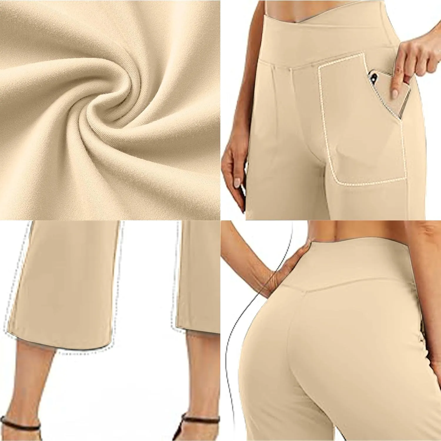 Wide Leg Capri Pants for Women Stretch High Waist Yoga Dress Capris Summer Loose Crossover Work Pants with Pockets
