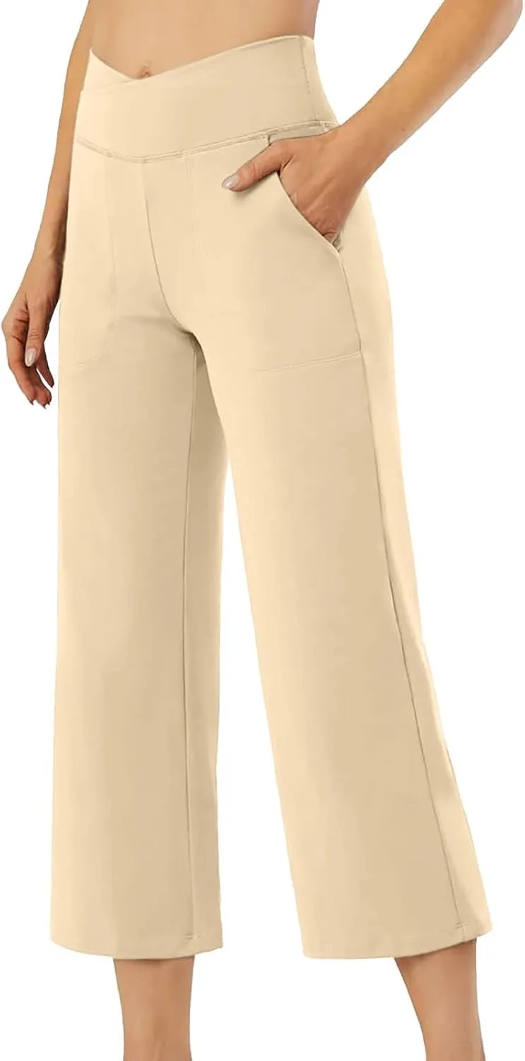 Wide Leg Capri Pants for Women Stretch High Waist Yoga Dress Capris Summer Loose Crossover Work Pants with Pockets