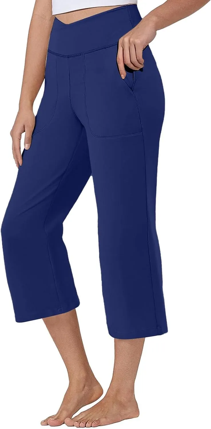 Wide Leg Capri Pants for Women Stretch High Waist Yoga Dress Capris Summer Loose Crossover Work Pants with Pockets