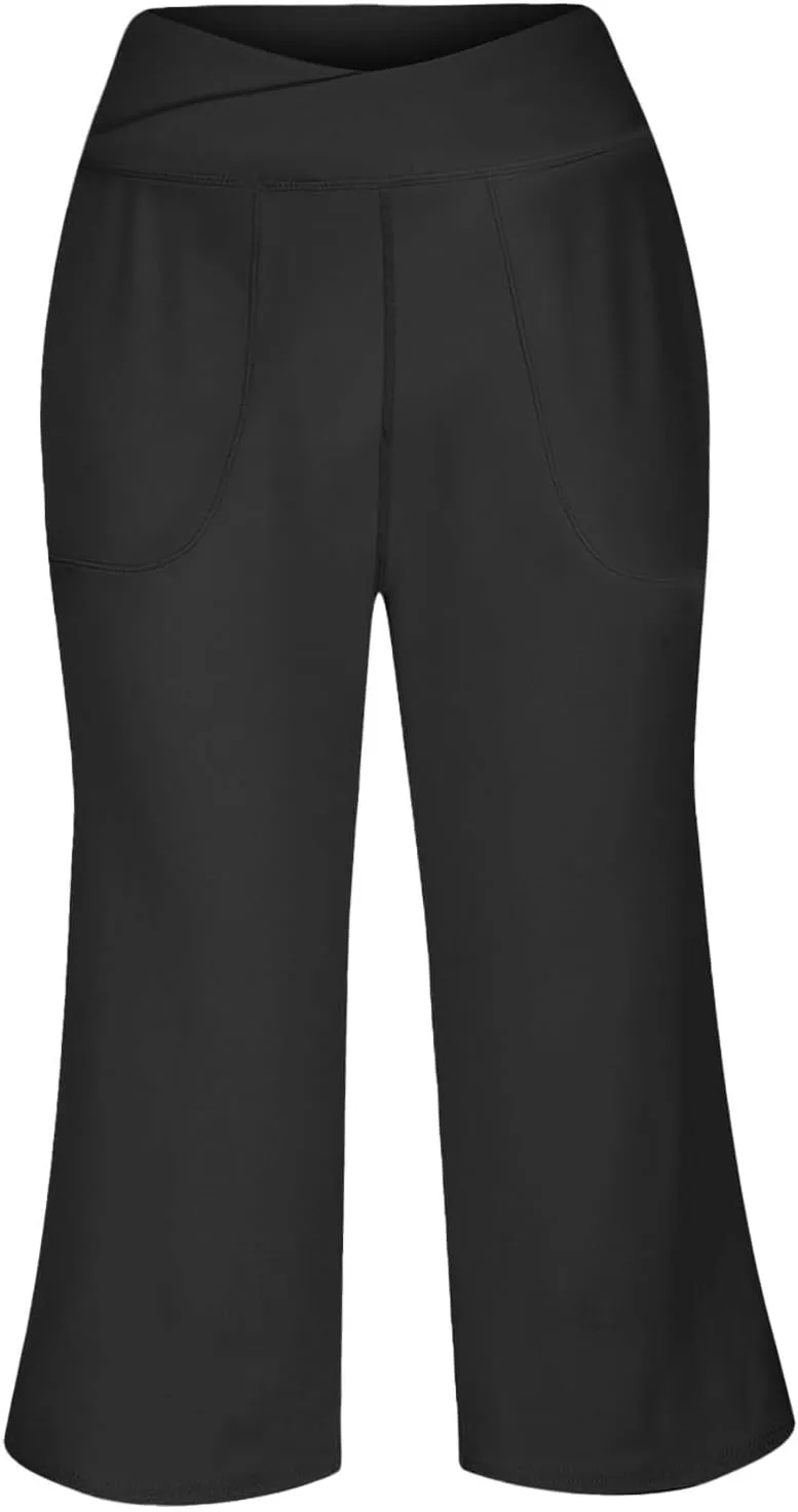 Wide Leg Capri Pants for Women Stretch High Waist Yoga Dress Capris Summer Loose Crossover Work Pants with Pockets