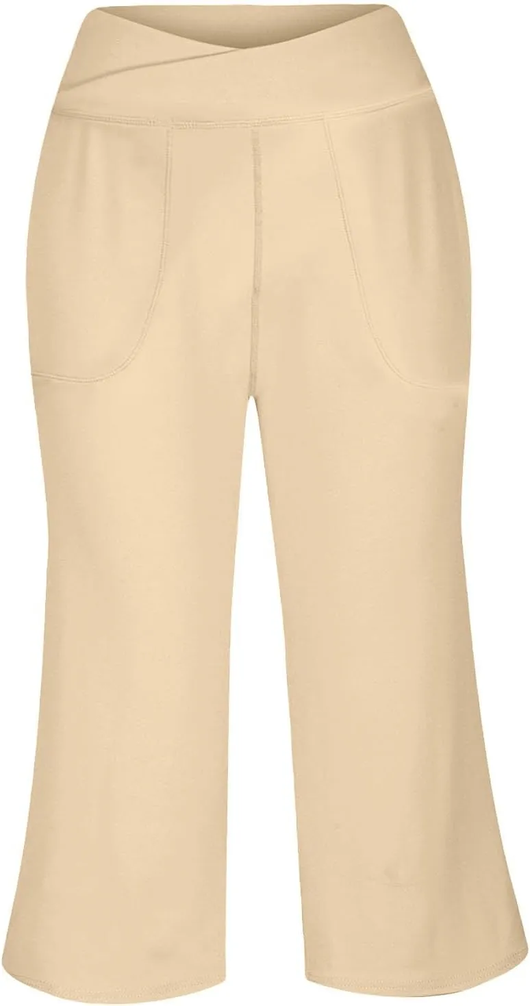 Wide Leg Capri Pants for Women Stretch High Waist Yoga Dress Capris Summer Loose Crossover Work Pants with Pockets