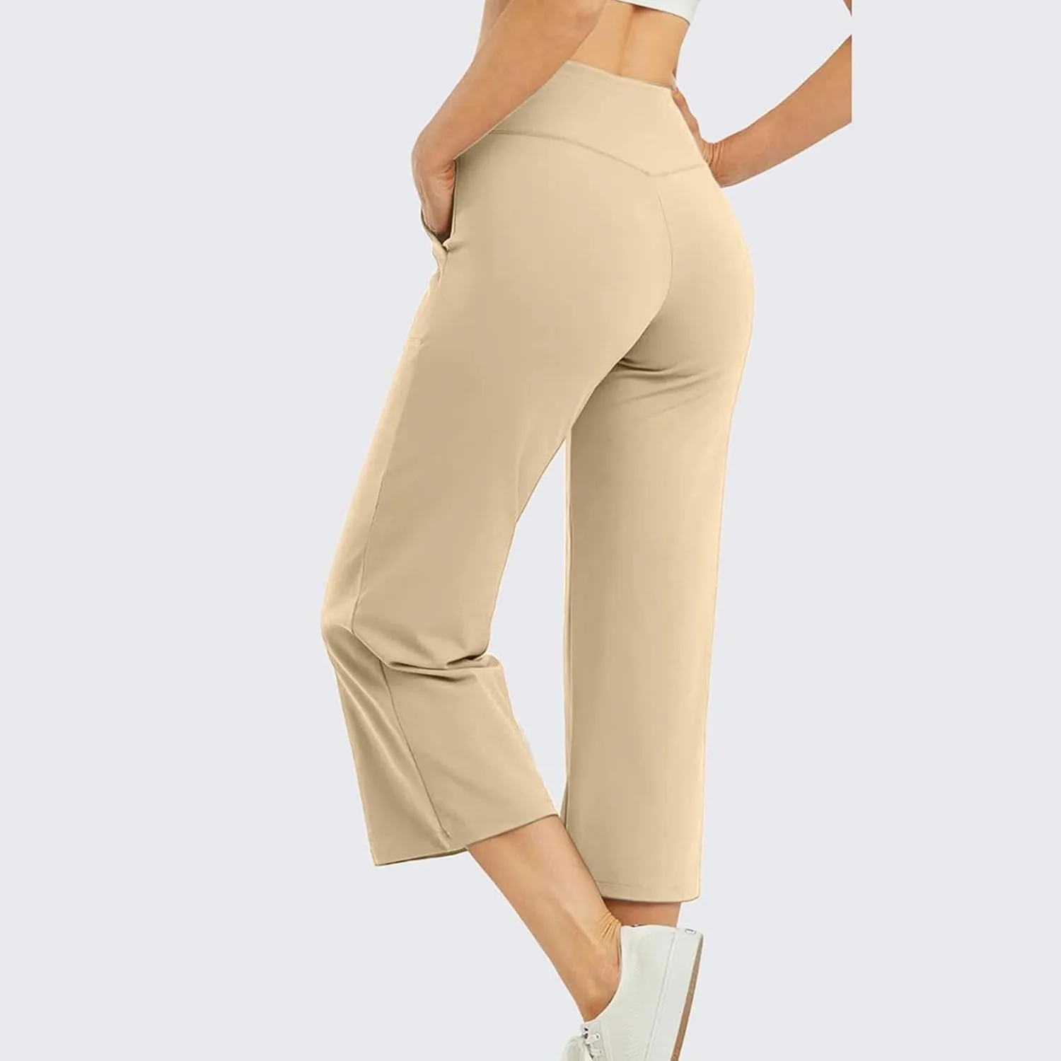 Wide Leg Capri Pants for Women Stretch High Waist Yoga Dress Capris Summer Loose Crossover Work Pants with Pockets