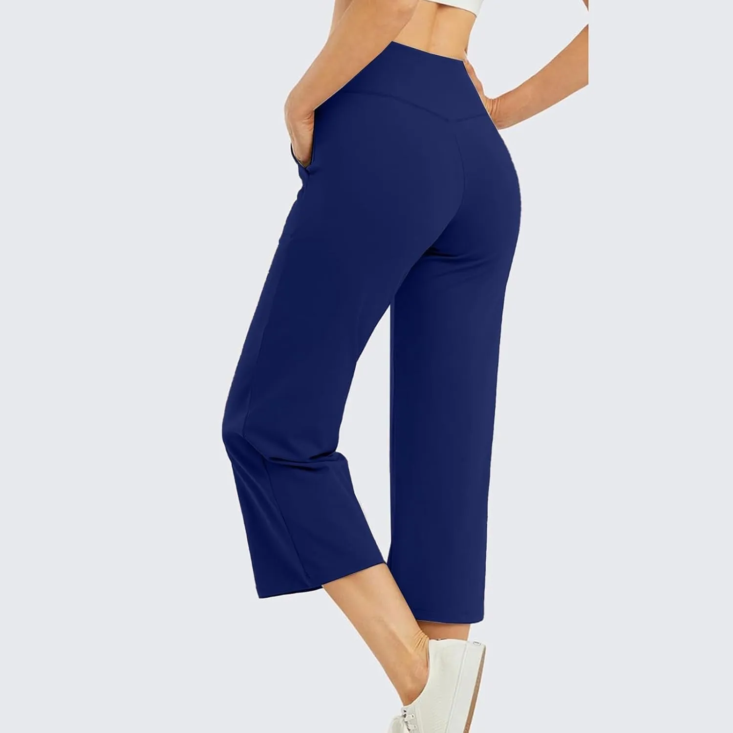 Wide Leg Capri Pants for Women Stretch High Waist Yoga Dress Capris Summer Loose Crossover Work Pants with Pockets