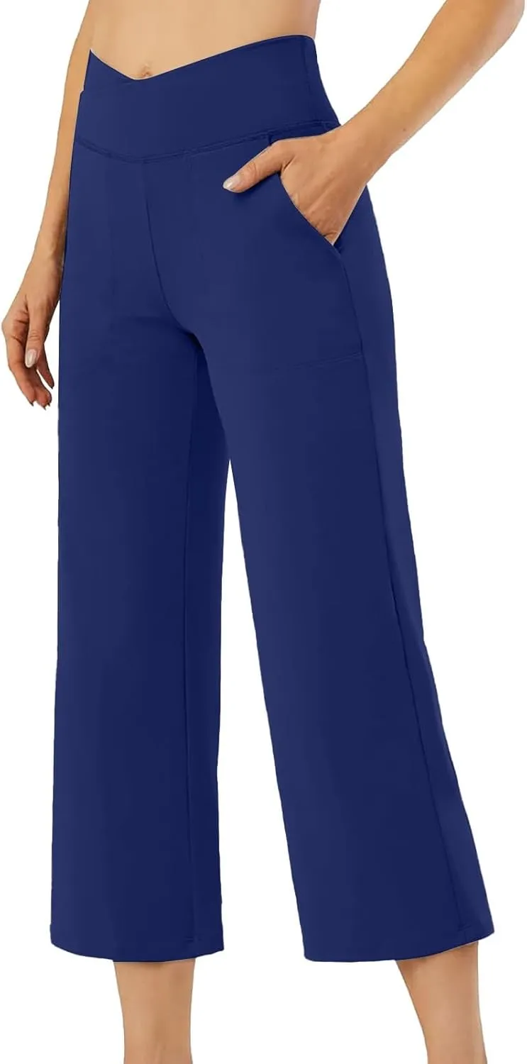 Wide Leg Capri Pants for Women Stretch High Waist Yoga Dress Capris Summer Loose Crossover Work Pants with Pockets