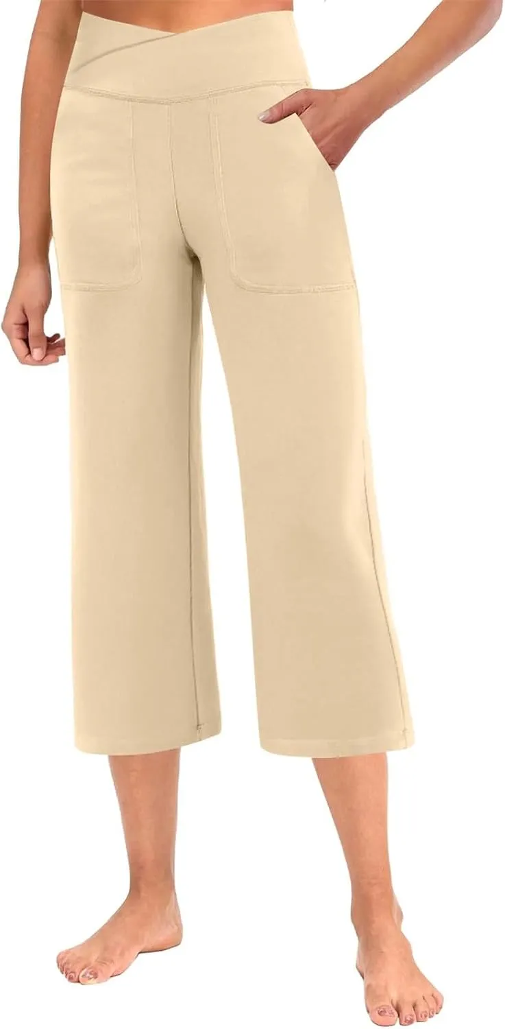 Wide Leg Capri Pants for Women Stretch High Waist Yoga Dress Capris Summer Loose Crossover Work Pants with Pockets