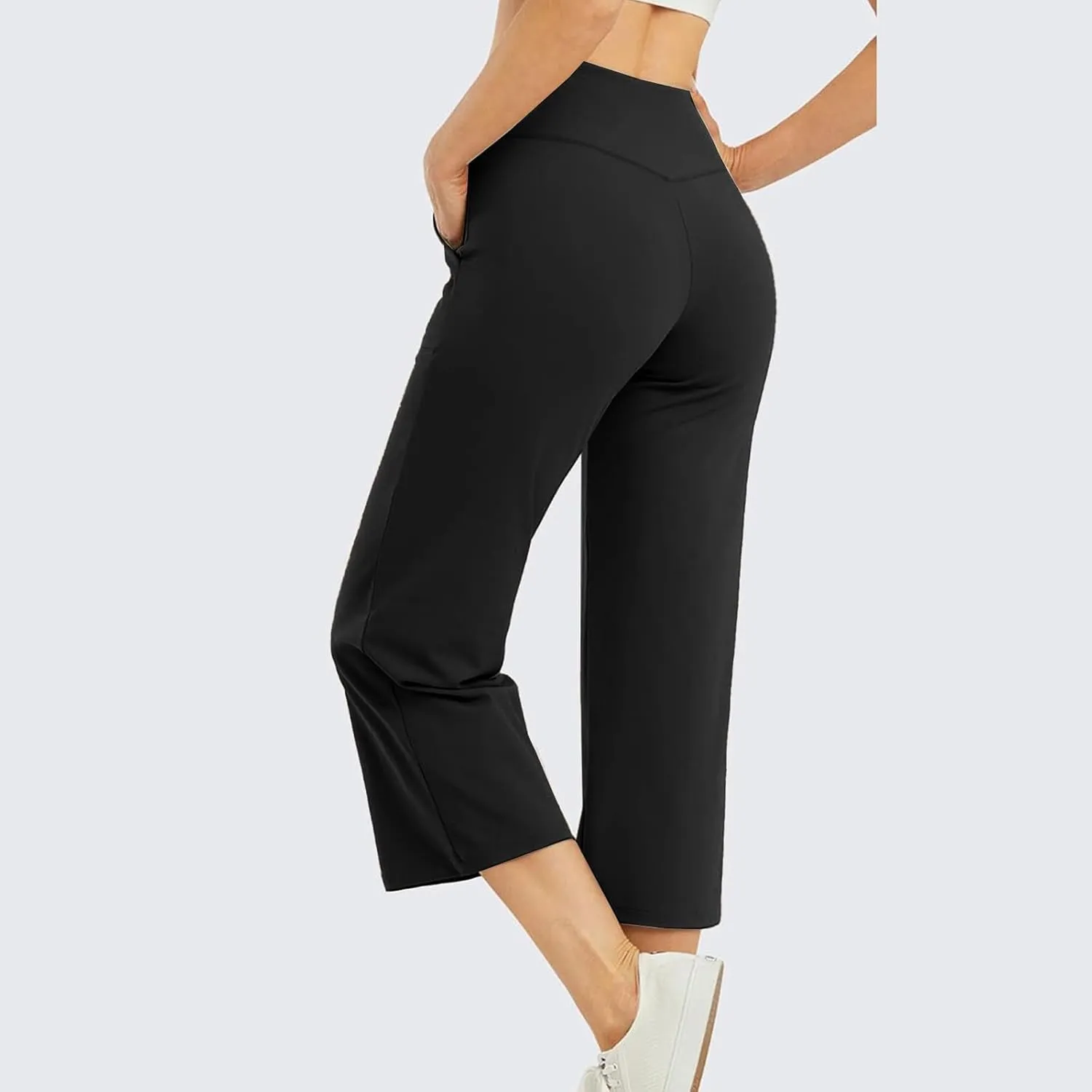 Wide Leg Capri Pants for Women Stretch High Waist Yoga Dress Capris Summer Loose Crossover Work Pants with Pockets