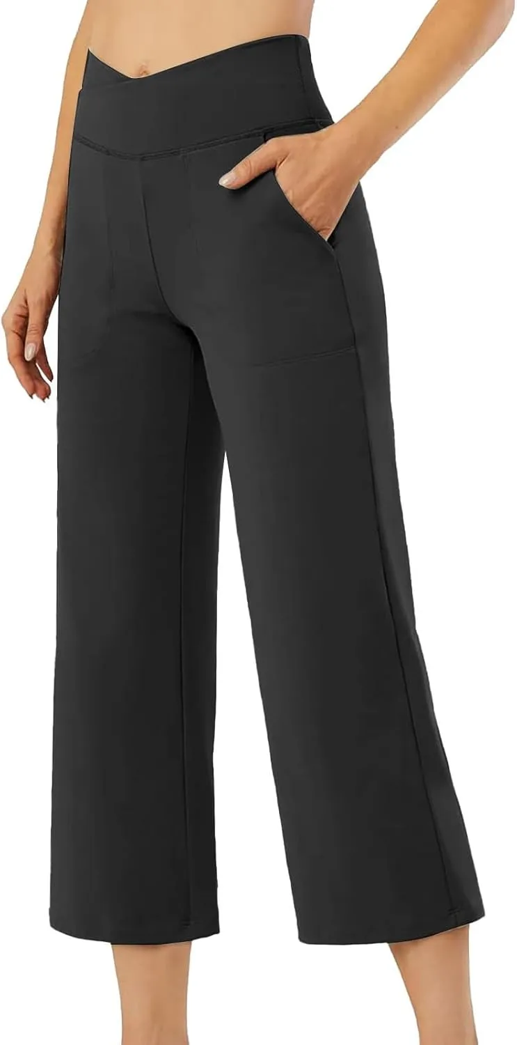 Wide Leg Capri Pants for Women Stretch High Waist Yoga Dress Capris Summer Loose Crossover Work Pants with Pockets