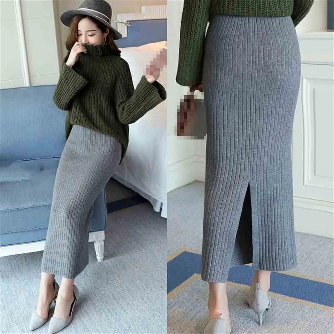 Women Black Skirts Slit Skirt High Waisted Pencil Skirt Ribbed Skirts Solid Casual Midi Skirt