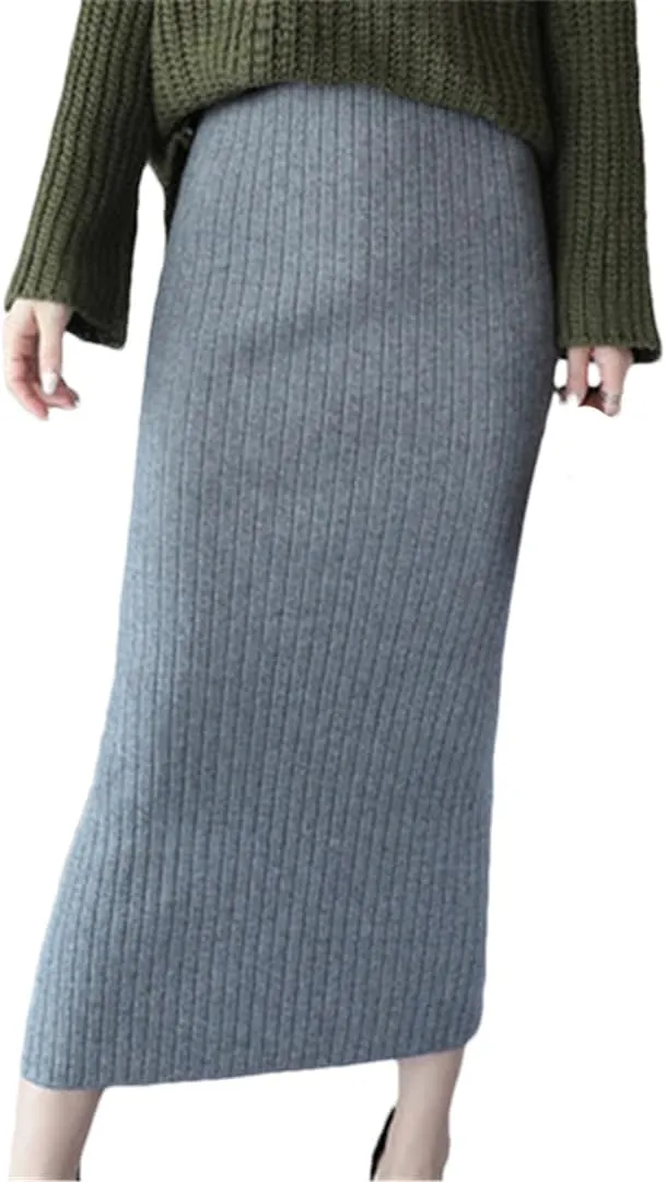 Women Black Skirts Slit Skirt High Waisted Pencil Skirt Ribbed Skirts Solid Casual Midi Skirt