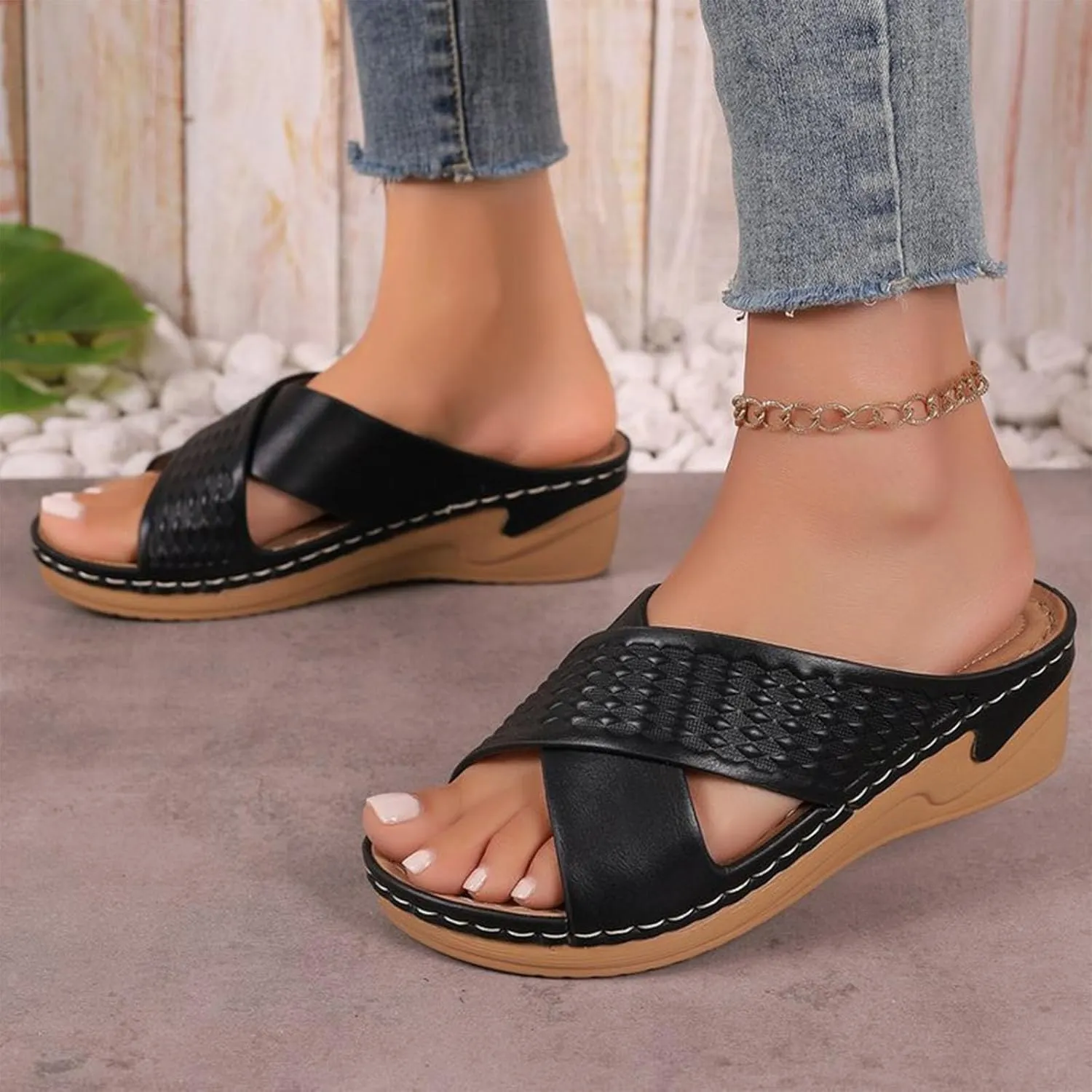 Women Orthopedic Slide Sandals Criss Cross Band Arch Support Slip On Sandal Summer Beach Casual Comfort Walking Slides