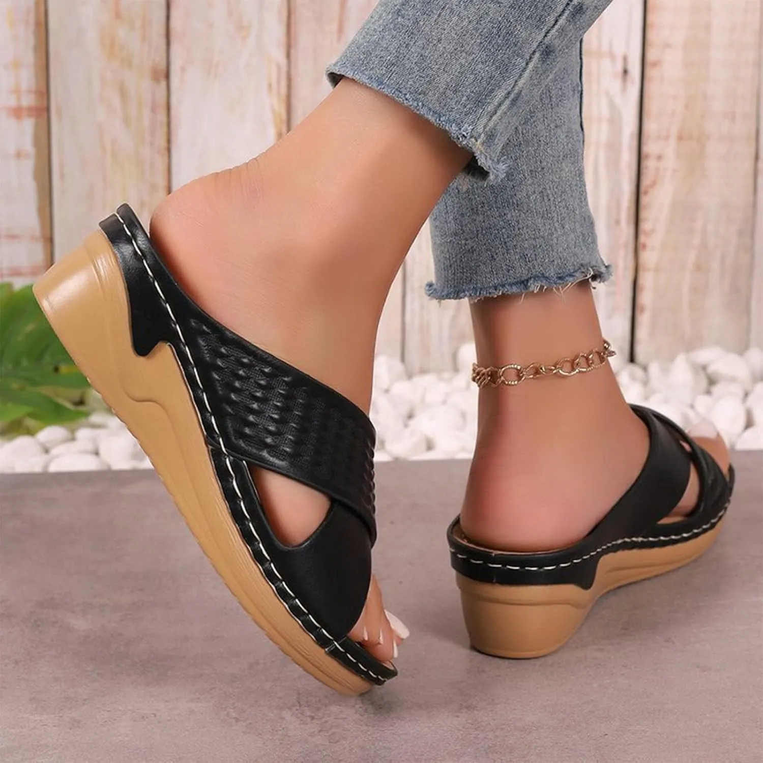 Women Orthopedic Slide Sandals Criss Cross Band Arch Support Slip On Sandal Summer Beach Casual Comfort Walking Slides