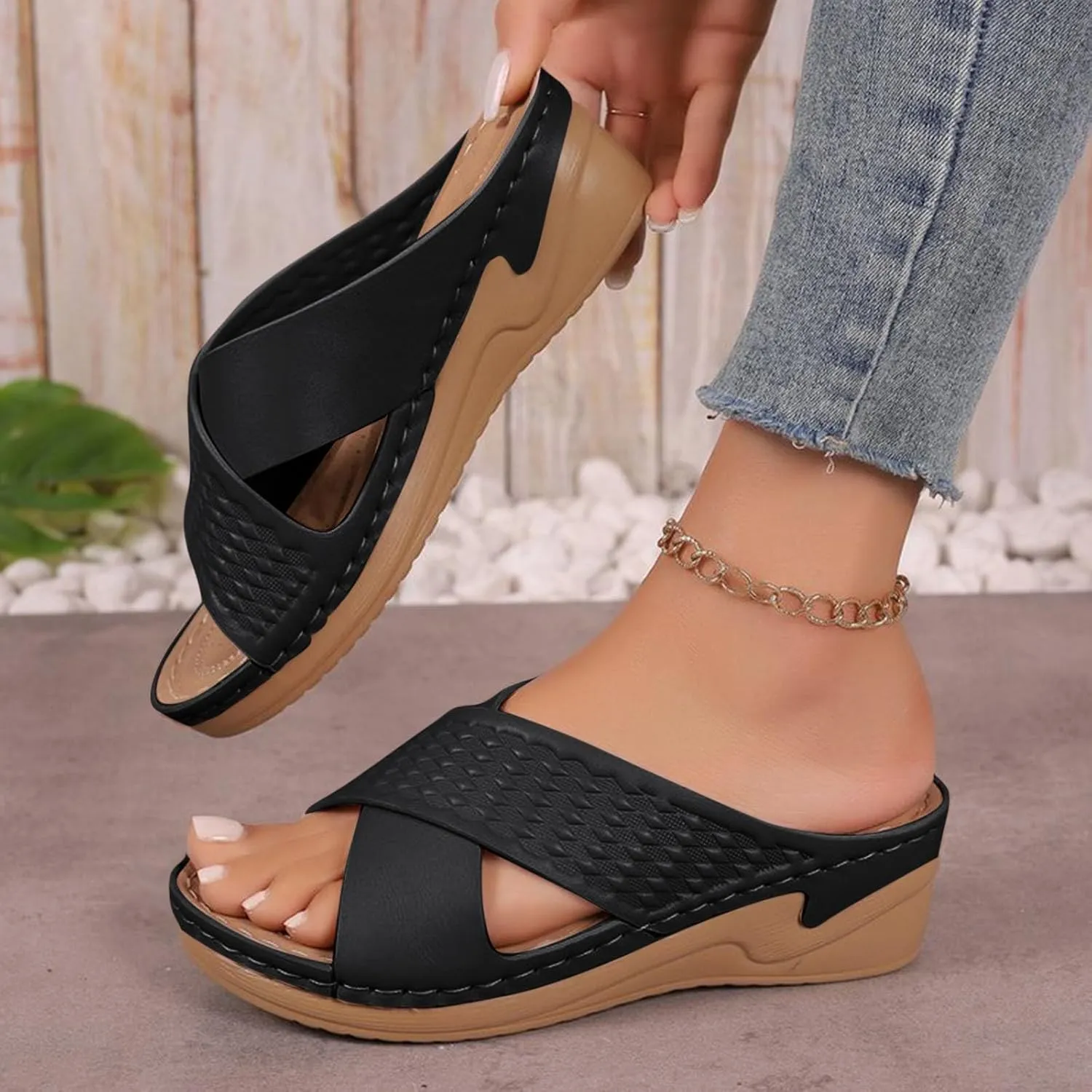 Women Orthopedic Slide Sandals Criss Cross Band Arch Support Slip On Sandal Summer Beach Casual Comfort Walking Slides