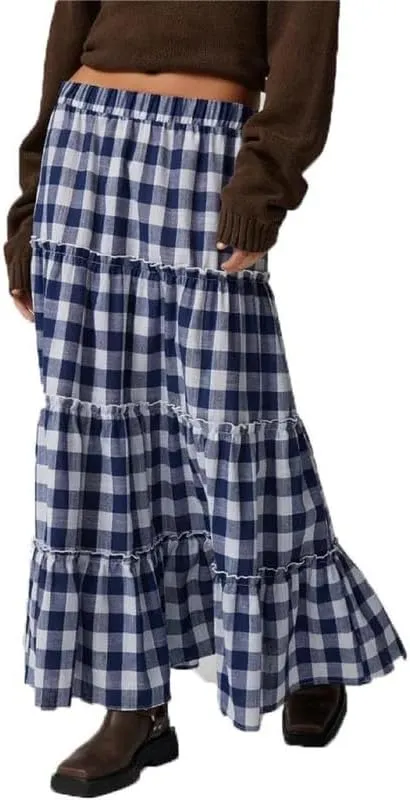 Women Plaid Tiered Maxi Skirt Y2k Elastic High Waist Long Skirt Print Flowy A Line Skirt Gingham Swing Midi Skirts
