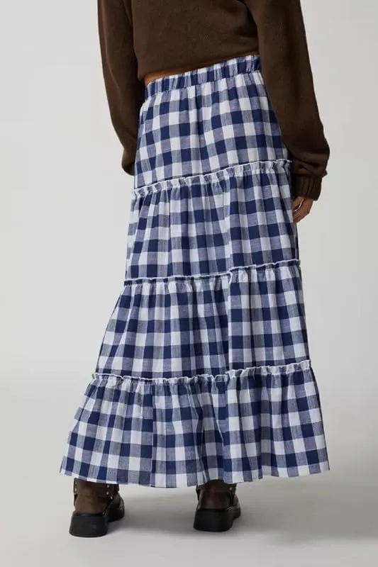 Women Plaid Tiered Maxi Skirt Y2k Elastic High Waist Long Skirt Print Flowy A Line Skirt Gingham Swing Midi Skirts